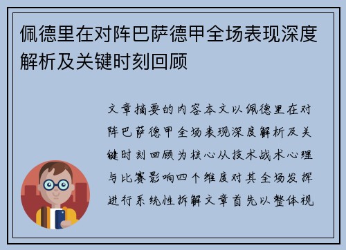 佩德里在对阵巴萨德甲全场表现深度解析及关键时刻回顾